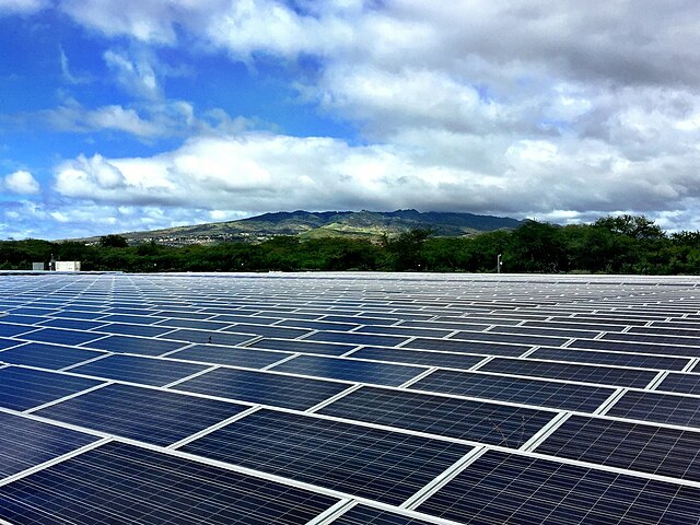 A photovoltaic power station: Credit, Wikimedia Commons A solar farm reduces climate emissions