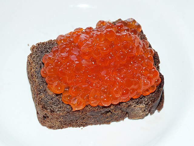 salmon caviar on sandwich from Russia: Credit, Wikimedia Commons caviar Russia