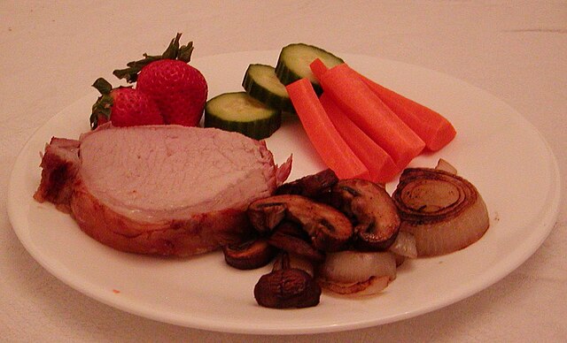 Pork roast dinner: Credit, Wikimedia Commons pork and onion